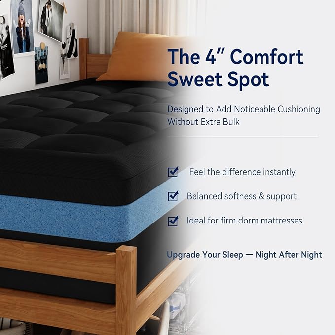 ELEMUSE 3 Inch Dual Layer Memory Foam Mattress Topper Twin XL, Dorm Room 2 Inch Cooling Gel Memory Foam Plus 1 Inch Down Alternative Pillowtop Mattress Pad,College Essential, Comfort Support, Black