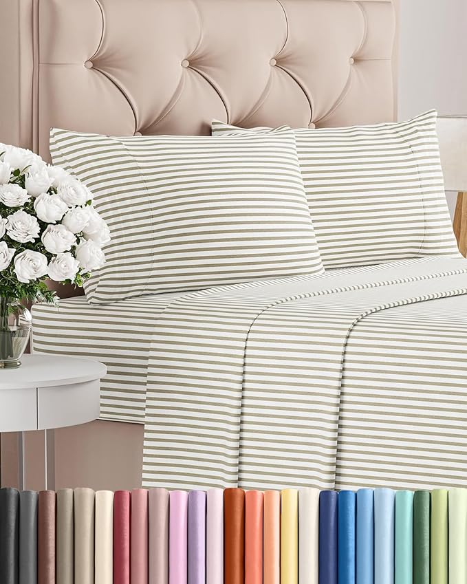 Full Size 4 Piece Sheet Set - Comfy Breathable & Cooling Sheets - Hotel Luxury Bed Sheets for Women & Men - Deep Pockets, Easy-Fit, Soft & Wrinkle Free Sheets - Beige Stripes Oeko-Tex Bed Sheet Set