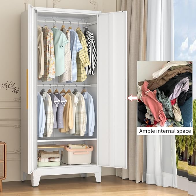 72" Tall Metal Armoire Wardrobe Closet - Large Clothing Storage Cabinet with Mirror Doors, 2 Hanging Rod & Adjustable Shelve - Closet Organizer for Bedroom, Office, Laundry Room, Garage - White