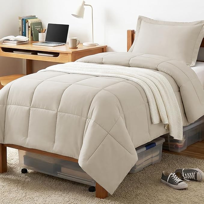 CozyLux Twin/Twin XL Comforter Set Beige - 270GSM Box Stitched Bedding Set for College Dorm & Back to School, Lightweight All Season for Teen Boys, Girls, 2 Pcs with Comforter and Pillow Sham