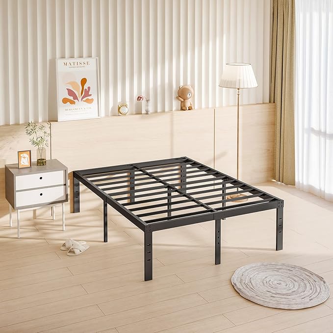 18 Inch Bed-Frames-Full, Heavy Duty Black Tall Metal Bed Frame No Box-Spring Needed, Easy Assembly, Under Bed Storage, Noise Free Mattress-Foundation Support up to 2000Lbs