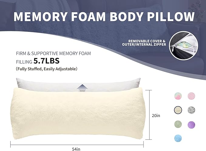 WSOFRLAC Bed Memory Foam Pillows with Removable Covers for Queen Bed 20x54 Soft Nursing Couch Pillows with Long Pillow Case for Beige Body Pillow Side Sleeper for Kids Machine Washable