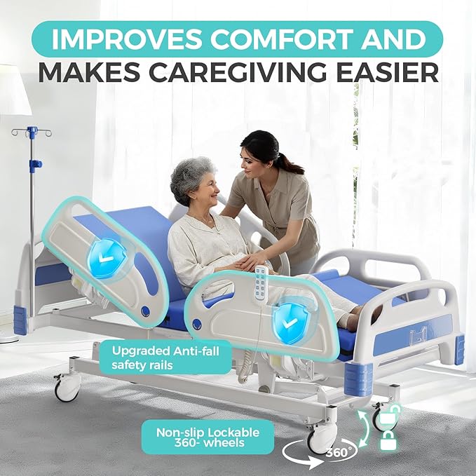 5 Function 600LBS Full Electric Hospital Bed, Beds for Home Use, Special Needs Medical Bed for Seniors with Mattress, Adjustable Hospital, Frame IV Pole, Medical Equipment Beds