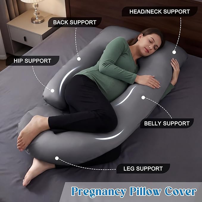 Hahafelt Cooling Pregnancy Pillow Cover (Only Pillowcase) 59 Inch Large J Shaped Full Body Pillowcase Maternity Stretchy Soft Breathable Cool Pillow Cover with Zipper for Side Sleeper (Dark Gray)