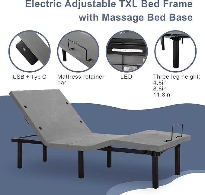 Fromann Adjustable Electric Twin XL Bed Base Frame with Massage, USB Type-C Ports, Zero Gravity, Under Bed Led Lighting and Three Leg Height (Grey)