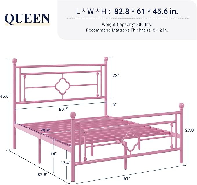 Allewie Queen Size Metal Platform Bed Frame with Victorian Vintage Headboard and Footboard/Mattress Foundation/Under Bed Storage/No Box Spring Needed/Noise-Free/Easy Assembly, Pink