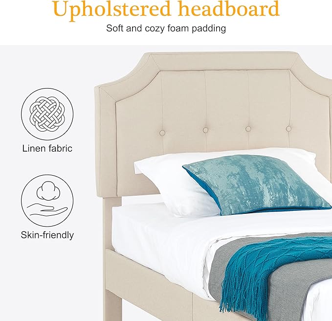 VECELO Twin Upholstered Platform Bed Frame with Adjustable Button Stitched Panel Headboard,Strong Wood Slat Support,Velcro Design,Mattress Foundation/Easy Assembly,Beige