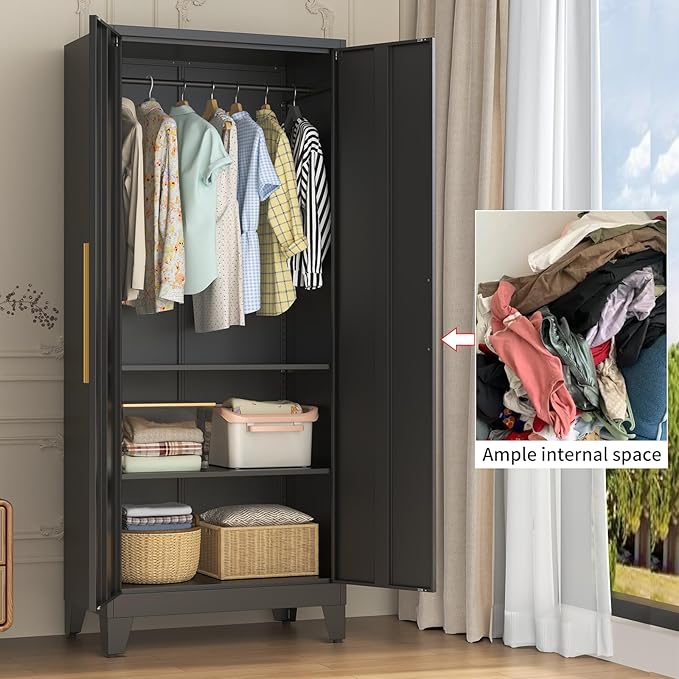 72" Tall Metal Armoire Wardrobe Closet - Large Clothing Storage Cabinet with Mirror Doors, 2 Hanging Rod & Adjustable Shelve - Closet Organizer for Bedroom, Office, Laundry Room, Garage - Green