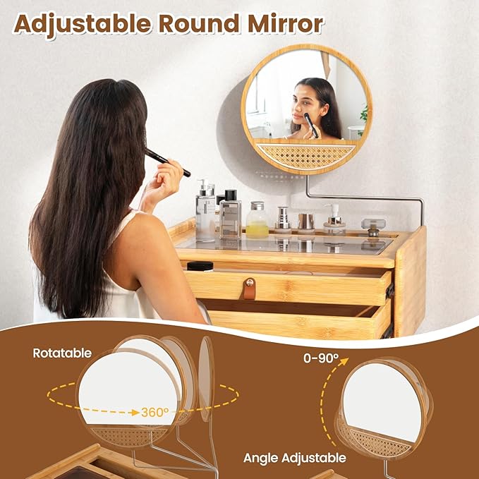 CHARMAID Makeup Vanity Table with Stool, Bamboo Vanity Desk with Rotating Mirror, 2 Drawers, Deep Storage Alcove, Tempered Glass Tabletop, Girls Dressing Table for Small Space Bedroom