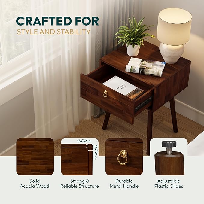 Bme Alden Solid Wood Nightstand/Side Table/End Table, Fully Assembled, with 1-Drawer for Mid Century Bedroom and Living Room, (12mm), Dark Chocolate