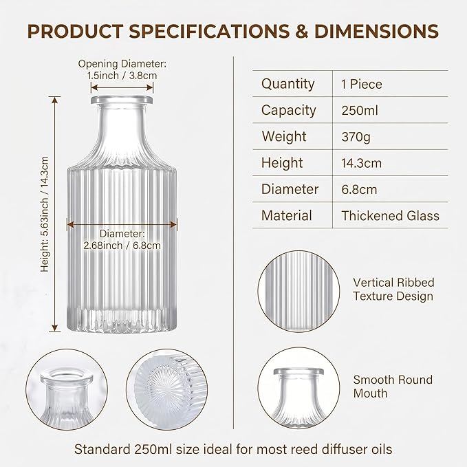 250ml 8.5oz Glass Diffuser Bottle Empty Essential Oil Jar Aromatherapy Decor Fragrance Container for Home Office Decor