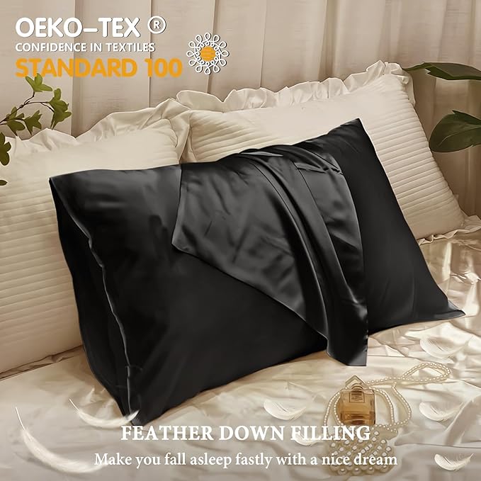 BHZ Black Satin Goose Down Feather Pillows Standard Size Set of 2 with Black Satin Pillowcase for Hair and Skin, Cooling Pillow Cases Similar to Silk Pillow Cases, Decor for Women, Mom