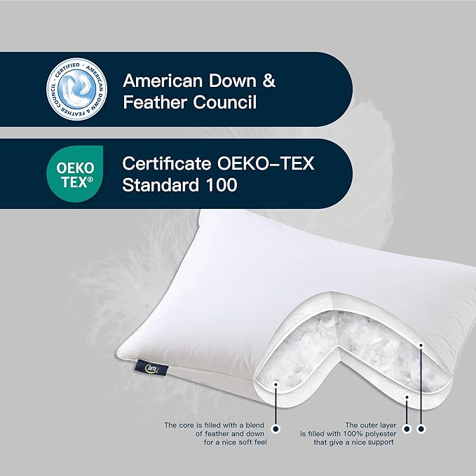 Serta 240Thread Count Soft Hypoallergenic HeiQ Cooling Bed Pillows Set of 2 Pack Feather Down Pillows for Back Sleeper
