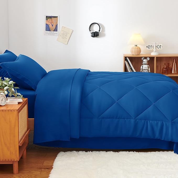 CozyLux Twin XL Comforter Set Classic Blue - 5 Pieces Twin Extra Long Bed in a Bag for College Dorm, All Season Bedding Set for Girls and Boys, Soft Bed Set with Comforter, Sheets, Pillowcase & Sham