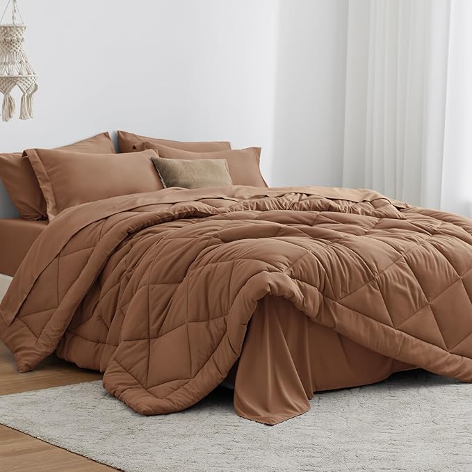 Love's cabin Twin XL Comforter Set Mocha Mousse, 5 Pieces Twin XL Bed in a Bag, All Season Bedding Sets with 1 Comforter, 1 Flat Sheet, 1 Fitted Sheet, 1 Pillowcase and 1 Pillow Sham | Soft, Breathable, Lightweight, Comfortable