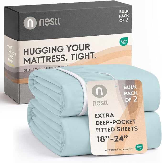 Nestl 2 Pack Light Blue Fitted Sheet Extra Deep Pocket, Hotel Luxury KingFitted Sheet Only Easily Fits 18 to 24 Inch Mattress, Super Soft, Wrinkle-Free and Breathable with Corner Straps