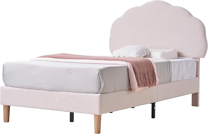 VECELO Twin Size Bed Frame, Upholstered Platform Bedframe with Height Adjustable Plush Fabric Headboard, No Box Spring Needed, Beige