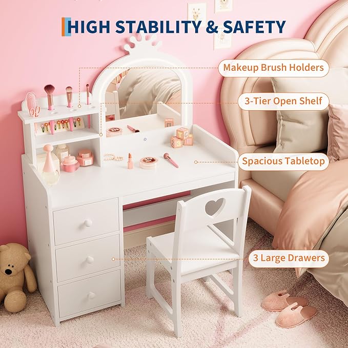 GarveeHome Kids Vanity Desk with Mirror and Lights, White Princess Wooden Makeup Vanity with Chair, Storage Shelves and Drawers, 2-in-1 Girls Dressing Table