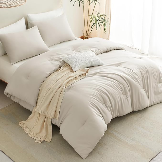 CozyLux Oversized King Comforter Set Beige, 3 Pieces 120x98 Solid Breathable Quilted Bedding Sets for All Seasons, Luxury Soft Lightweight Bed Set with Down Alternative Comforter and 2 Pillowcases