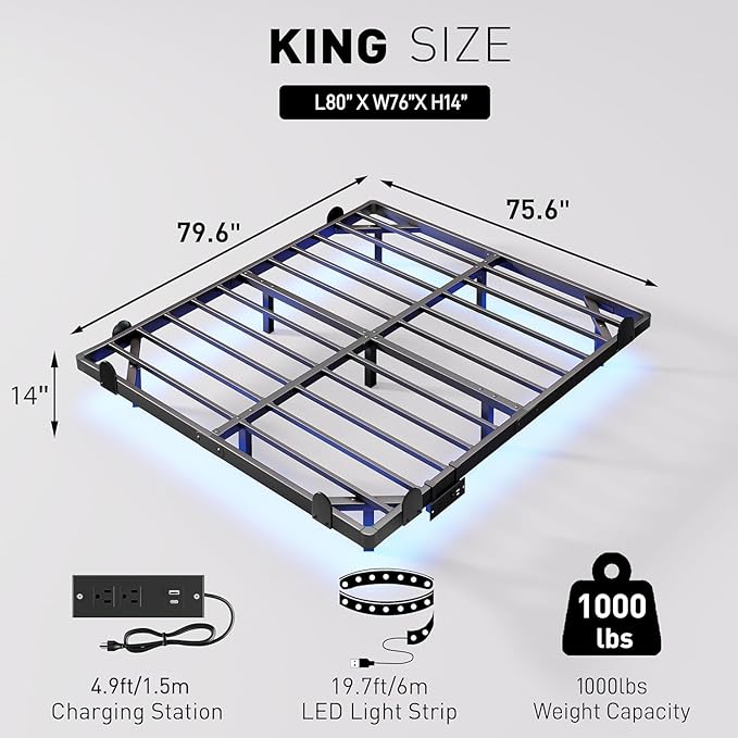 qimamo 14 Inch Floating King Bed Frame with Smart LED Lights and Charging Station, Modern Metal King Bed Frame, Easy to Assemble, No Box Spring Needed