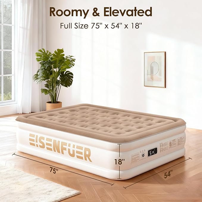 Air Mattress Full with Built-in Pump – 18" Raised Inflatable Bed with High Speed Built-in Pump, Stable and Durable, colchón inflable, Carry Bag, Cozy Guest Air Bed for Sleepovers, Glamping, Moving