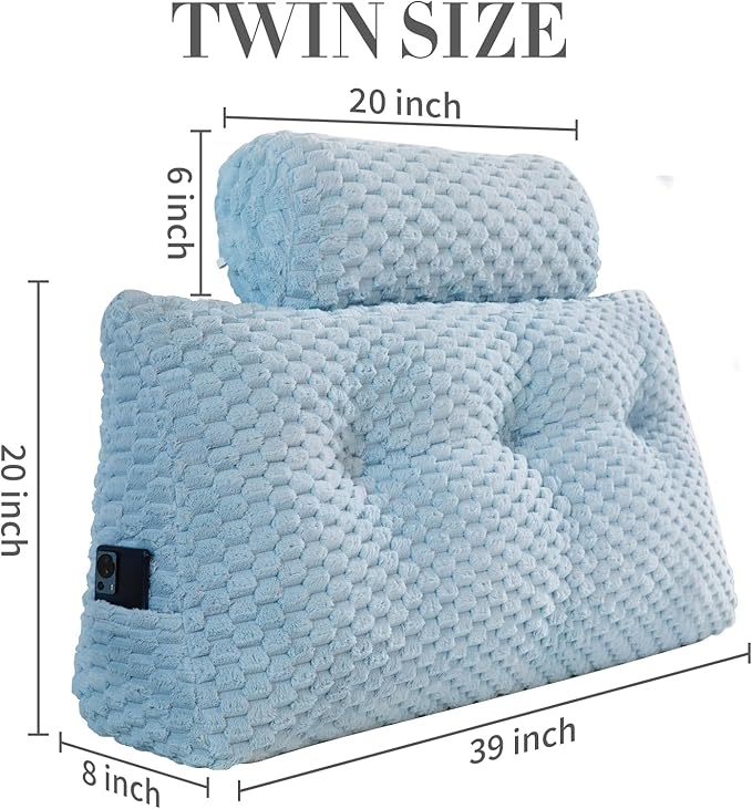 Wedge Headboard Pillow - Bed Wedge Pillow for Headboard Triangular Headboard Pillow with Neck Roll Pillow-Large Bolster Pillow for Sitting in Bed Backrest Positioning Support (Blue,39x8x20 Inches)