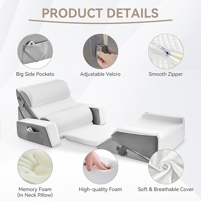 Yojoker 9PCS Orthopedic Bed Wedge Pillow Set for Sleeping, Back and Leg Pain Relief, Post Surgery Foam Pillow for Body, Triangle Adjustable Support Pillow - Acid Reflux Sleeping Pillows