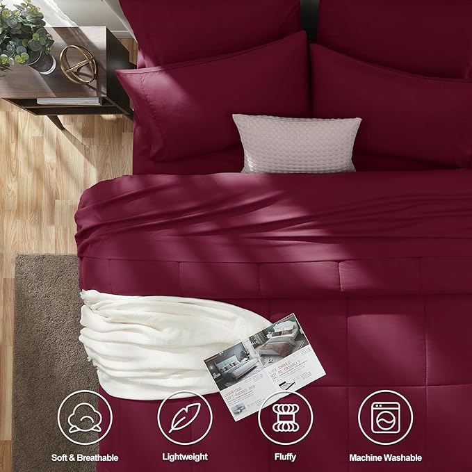 CozyLux King Size Comforter Set Burgundy, 7 Pieces Bed in a Bag, Red Comforter King Size, All Season Bedding Sets with Stitch Quilted Comforter, Flat Sheet, Fitted Sheet, Pillowcases