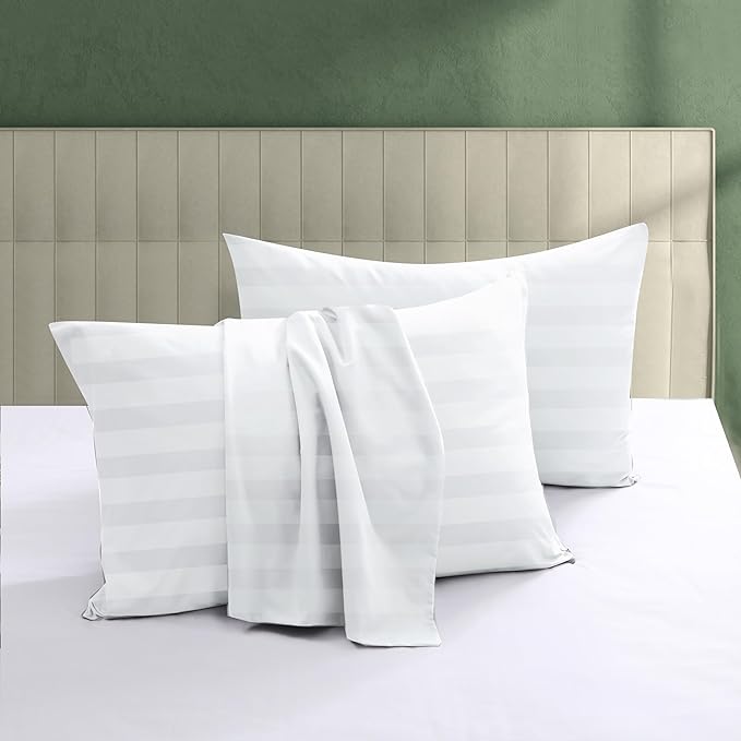 100% Egyptian Cotton Pillow Protectors Set of 2, 600 Thread Count King Size Bed Pillow Cases with Zipper, Sateen Weave Cooling Pillow Cases Quiet and Breathable Easy Care (2PCS, Striped White)