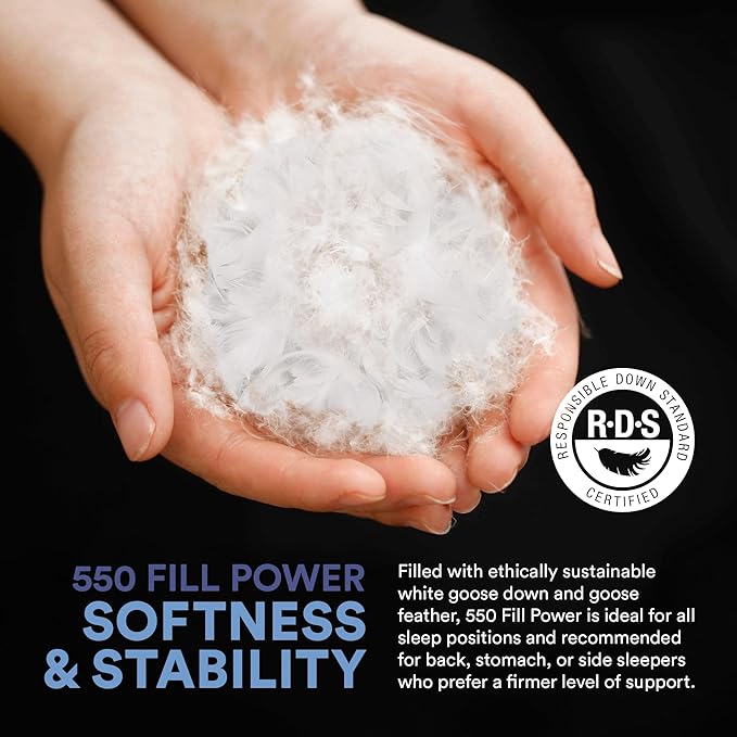 Continental Bedding 50/50 Down Feather Pillow, Fluffy Hotel Quality Side Sleeper Support, Breathable 300TC Cotton, RDS and Oeko TEX Certified