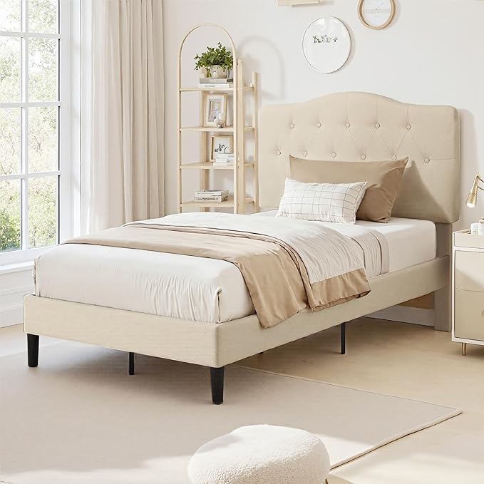 VECELO Twin Size Bed Frame Upholstered Platform with Tufted Adjustable Headboard/Mattress Foundation with Wood Slat Support, Easy Assembly,Beige