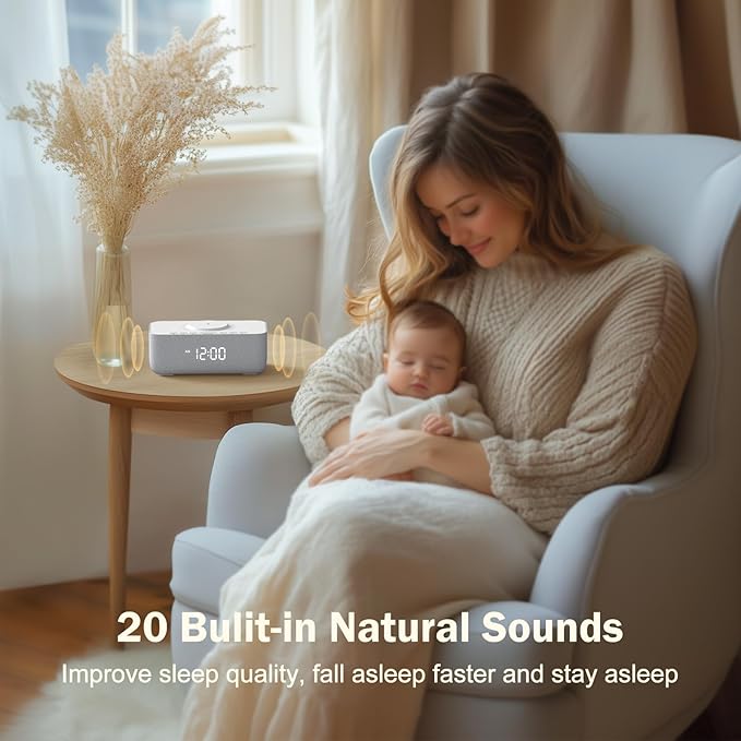 REACHER 15W Fast Wireless Charging Alarm Clock with White Noise Machine │ 20 High-Fidelity Sleep Sounds │ Gradual Wake & Unlimited Snooze │ 0–100% Dimmable Digital Clock for Bedroom & Office