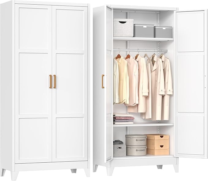 INTERGREAT Metal Wardrobe Closet with 2 Doors, 71” Tall Armoire Wardrobe Closet with Hanging Rod and Adjustable Shelves, Closet for Home Living/Laundry Room(White)