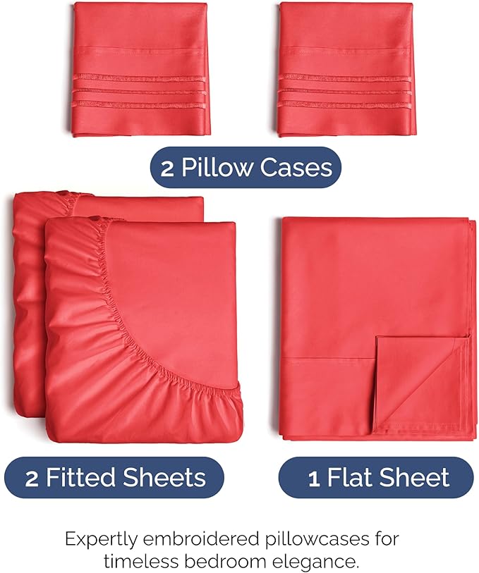 Split King Size 5 Piece Sheet Set - Comfy Breathable & Cooling Sheets - Hotel Luxury Bed Sheets for Women & Men - Deep Pockets, Easy-Fit, Extra Soft & Wrinkle Free Sheets - Red Oeko-Tex Bed Sheet Set