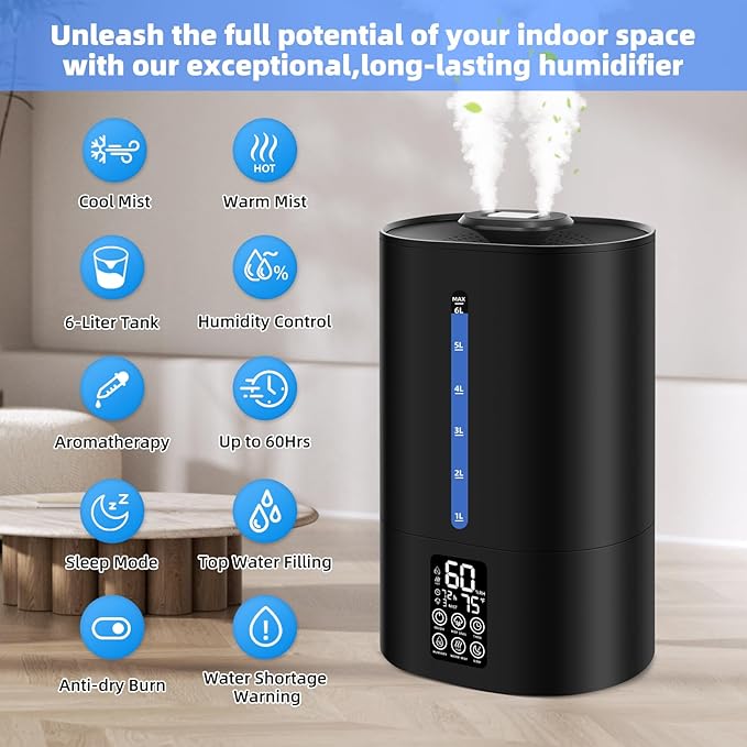 Coolfiqu 6L Humidifiers for Bedroom Large Room Home,Cool and Warm Humidifier for Baby and Plants Hot Mist Top Fill Desk Humidifier Oil Diffuser,Quiet,Auto Mode,360°Nozzle-Midnight Black(2026 Upgraded)