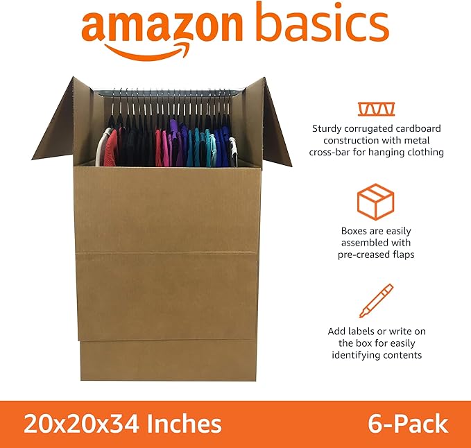 Amazon Basics Sturdy Wardrobe Moving Boxes with Hanger Bar for Packing Clothes, Easy to Assemble, 20" x 20" x 34", Brown, 6-Pack