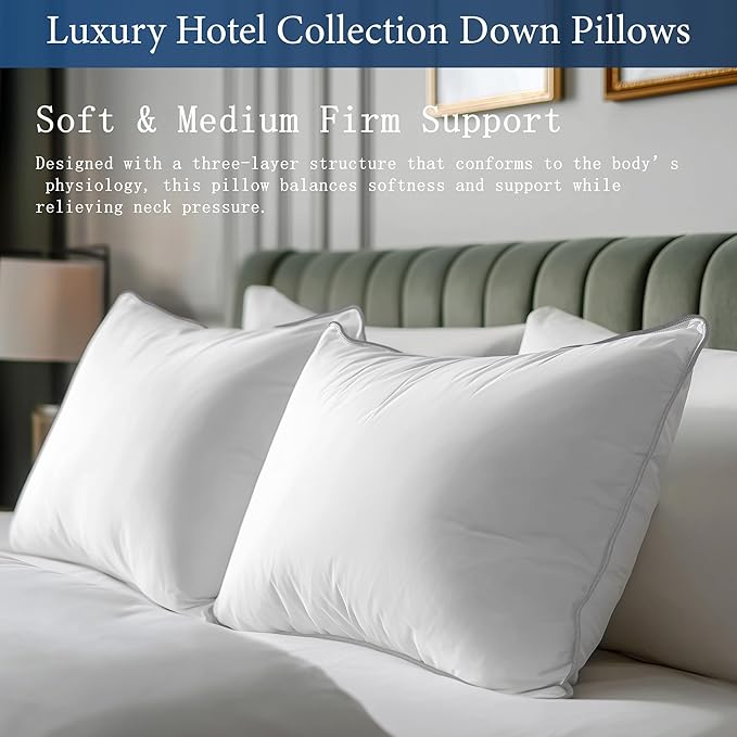 SANSWAN Goose Down Feather Queen Pillows Set of 2, Luxury Hotel Quality Pillow, Firm, Cooling