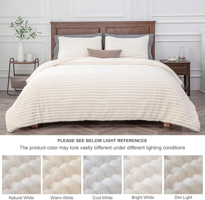 BEDELITE Fleece Oversized Queen Comforter Set -Super Soft & Warm Fluffy Cream White Bedding, Luxury Fuzzy Heavy Bed Set for Winter with 2 Pillow Cases
