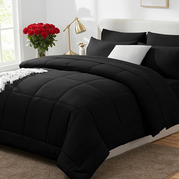 CozyLux California King Comforter Sets Black, 7 Pieces Cal King Bed in a Bag, All Season Bedding Sets with Stitch Quilted Comforter, Flat Sheet, Fitted Sheet, Pillowcases