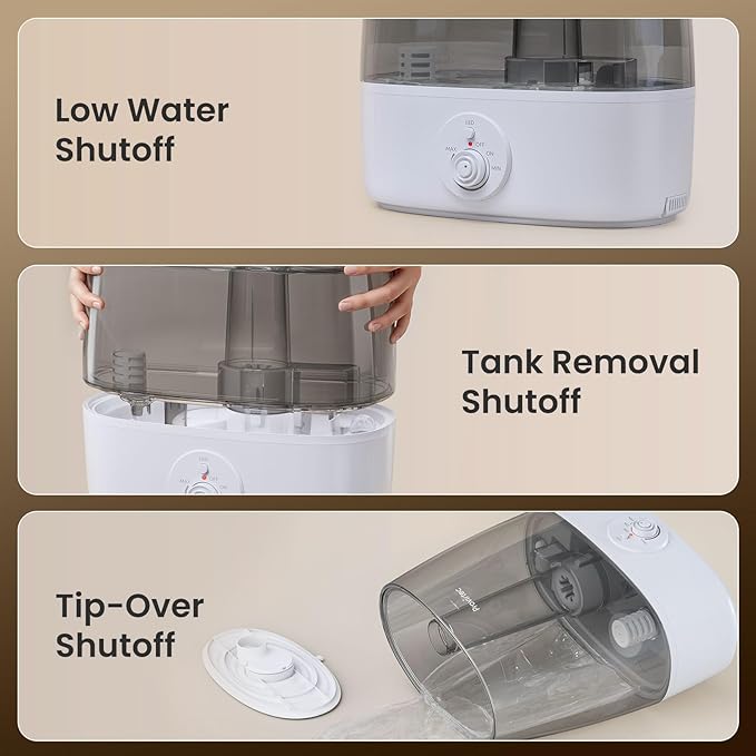 Provirtec 6.5L Stay Clean Tank Humidifier for Large Room, Low Maintenance, Top Fill Design, Ultra Quiet 65H Runtime, Cool Mist Ultrasonic for Bedroom, Home, Plants HC12