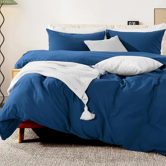NEXHOME PRO Duvet Cover Set 100% Washed Cotton Oversized King 120"x98" Linen Feel Textured Organic 3 Pieces Bedding Set with Zipper Closure and Corner Ties, Breathable (Navy Blue, No Comforter)