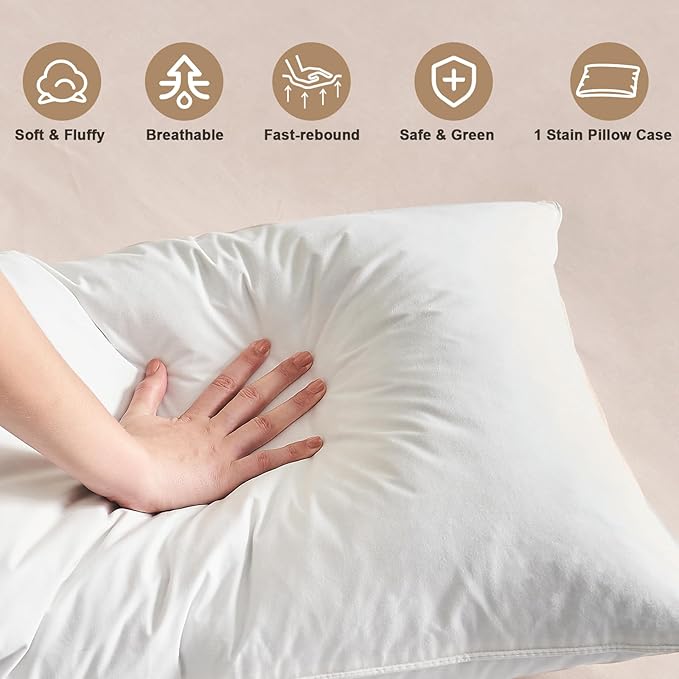 BHZ White Satin Goose Down Feather Pillows Queen Size with Pillowcase for Hair and Skin, Cooling Pillow Cases Similar to Silk Pillow Cases, Decorative for Women, Mom Men