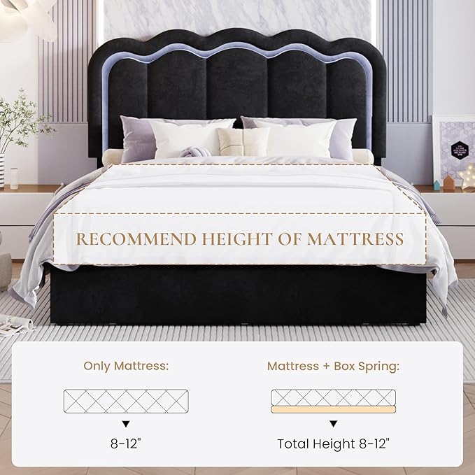 SHA CERLIN Upholstered Full Size Bed Frame with LED Lights and Large Storage Drawer, Velvet Platform Bed with Adjustable Wavy Headboard, Noise Free, Easy Assembly, No Box Spring Needed, Soft Black