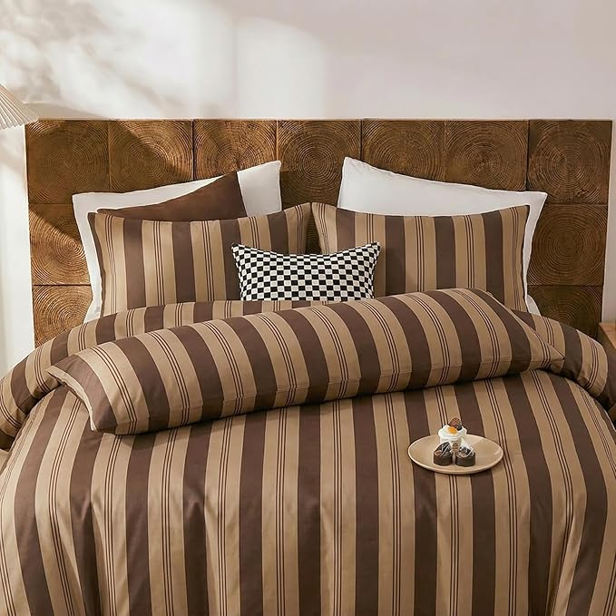 Merryword Brown Striped Pillowcases, 100% Cotton Pillow Cases, Standard Size Pillowcases, Luxury Linen Like Pillowcase, Soft Breathable Stripe Pillow Covers, Set of 2