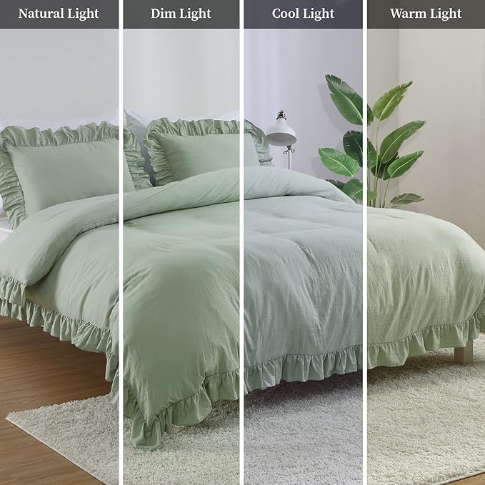 CAROMIO Sage Green Ruffled Duvet Cover Twin, 2PCS Soft Washed Microfiber Vintage French Country Duvet Cover Set for Kids Girls, Sage Green, 68x90 in
