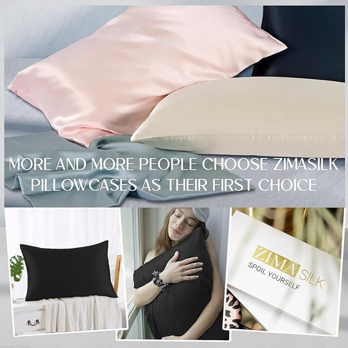 ZIMASILK 100% Pure Mulberry Silk Pillowcase 2 Pack, Soft and Smooth,Both Sides Premium Grade 6A Silk,600 Thread Count,with Hidden Zipper (Queen 20''x30'',Black)