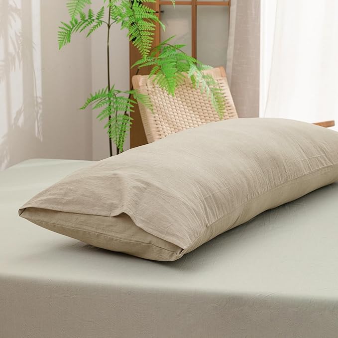BESTOUCH 100% Washed Cotton Pillowcase for Hair and Skin Linen Feel Soft Comfortable Breathable 1 Pcs Pillow Case with Envelope Closure Solid Almond Milk Grey Body 20x54 Inches