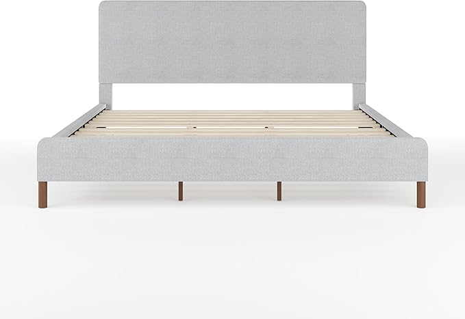 Martha Stewart Britta Platform Bed with Headboard & Footboard, Faux Linen Upholstery with Piping Detail, Rounded Headboard, No Box Spring Needed, King, Gray