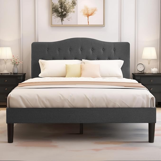 VECELO Full Size Platform Bed Frame with Fabric Upholstered Headboard and Wooden Slats Support, No Box Spring Needed/Easy Assembly,Grey