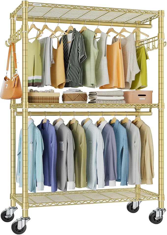 VIPEK R2 Plus Rolling Clothes Rack for Hanging Clothes Heavy Duty Garment Rack 3 Tiers Adjustable Wire Shelving Clothing Racks with Double Hanging Rods, Closet Organizers and Storage, Gold